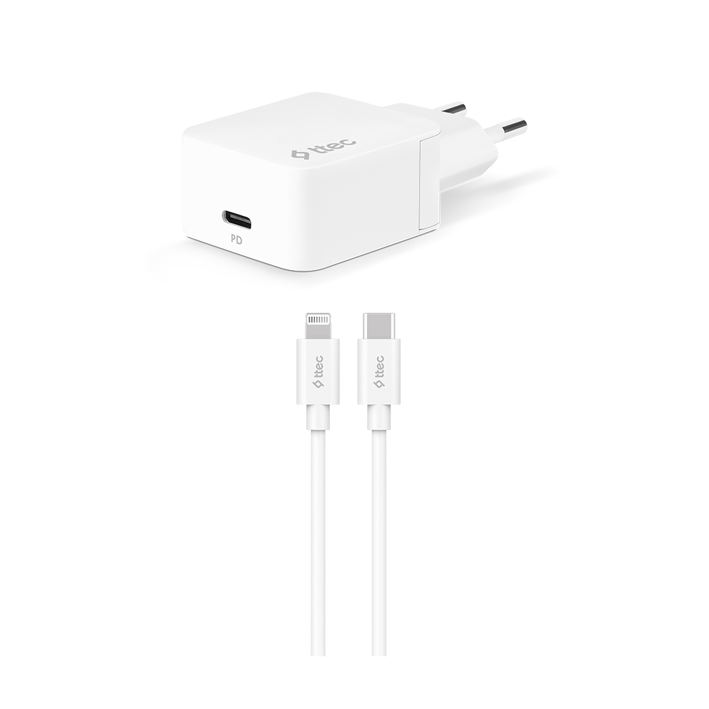 2CKM07B ttec Quantum PD Apple MFi Lisanslı 20W Araç Şarj Aleti + TypeC/Lightning Kablo Beyaz