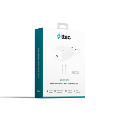 2CKM07B ttec Quantum PD Apple MFi Lisanslı 20W Araç Şarj Aleti + TypeC/Lightning Kablo Beyaz
