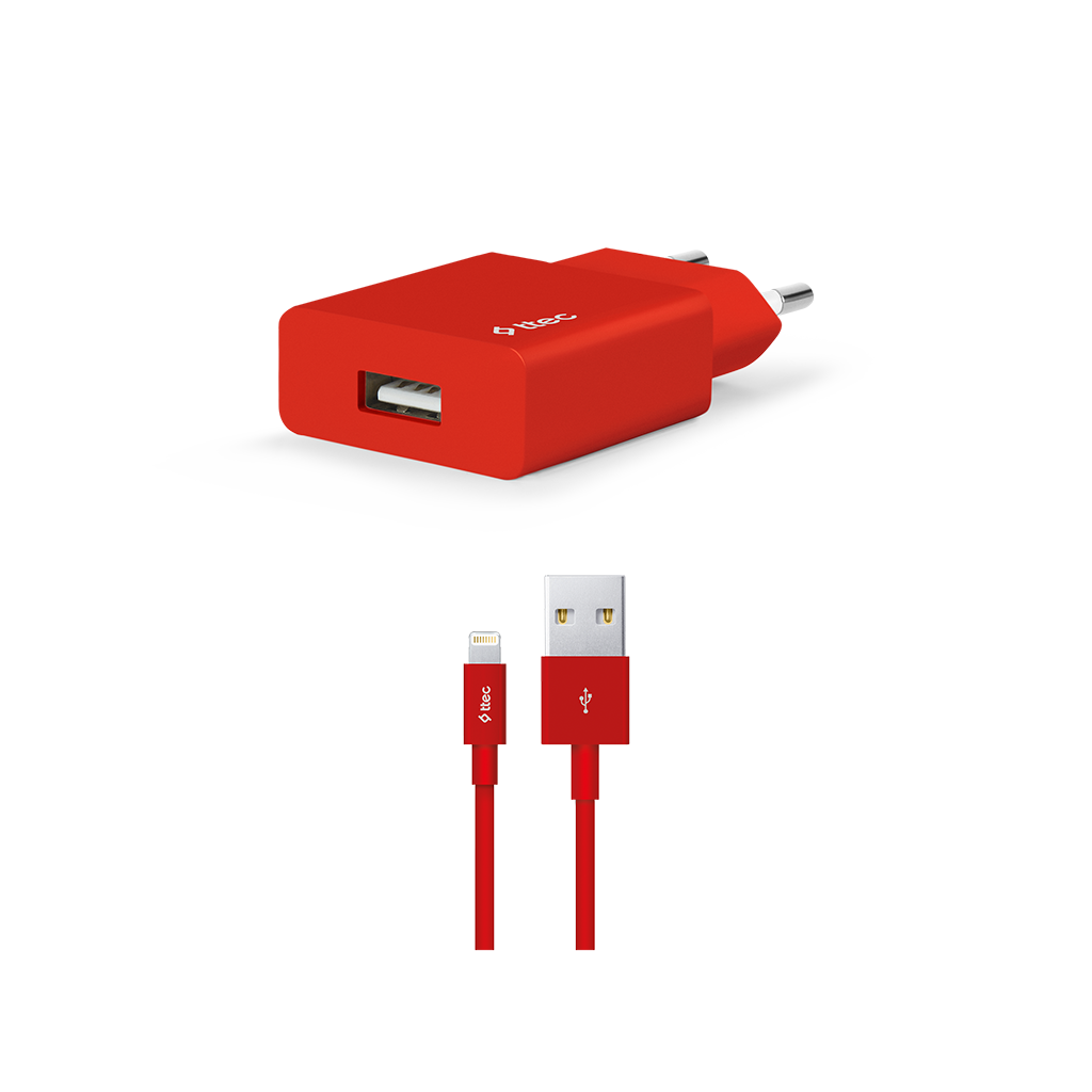 2SCS20L ttec SmartCharger Seyahat Şarj Aleti 2.1A + Lightning Kablo Kırmızı