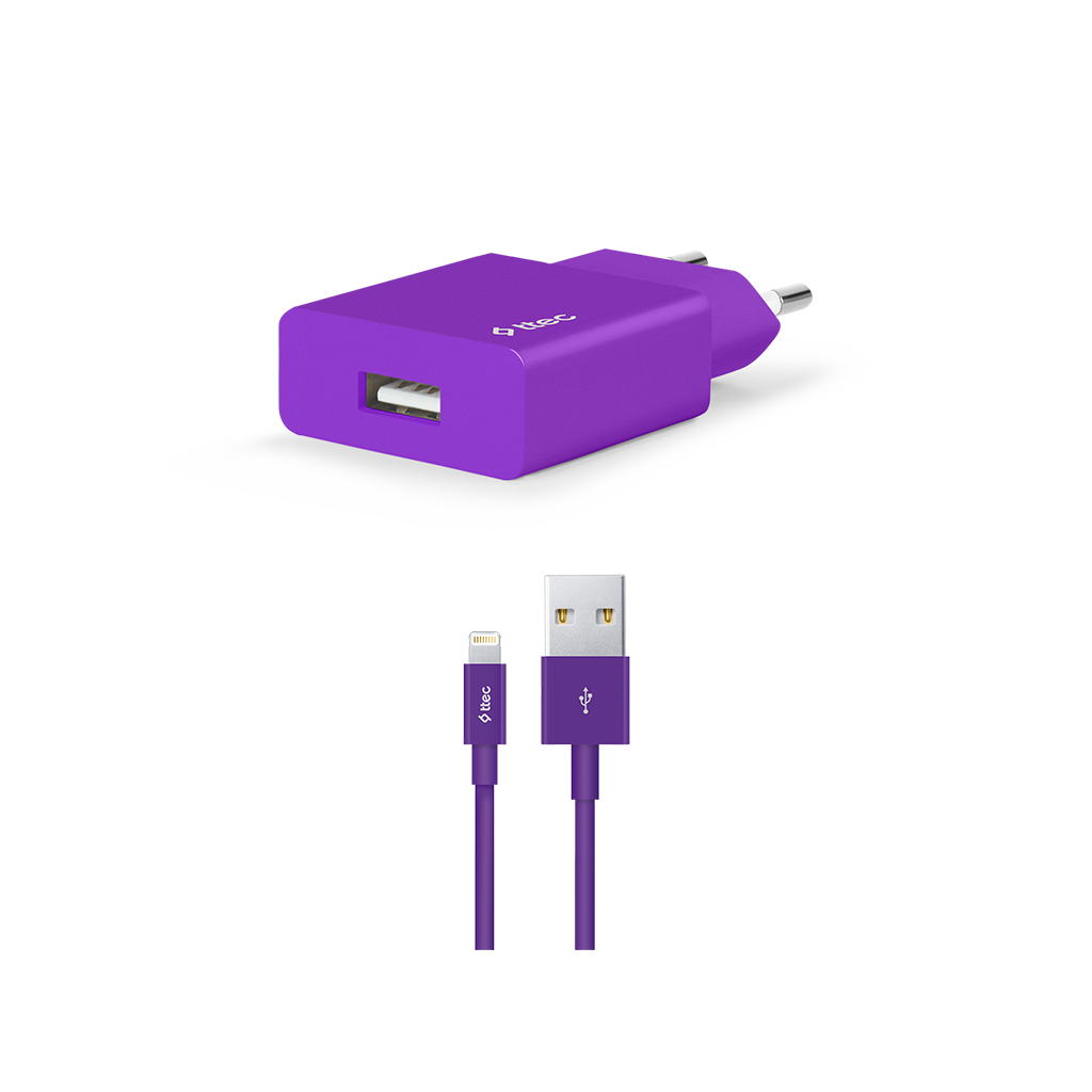 2SCS20L ttec SmartCharger Seyahat Şarj Aleti 2.1A + Lightning Kablo Mor