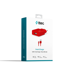 2SCS20MB ttec SmartCharger 2.1A Seyahat Şarj Aleti + Micro USB Kablo Beyaz Kırmızı