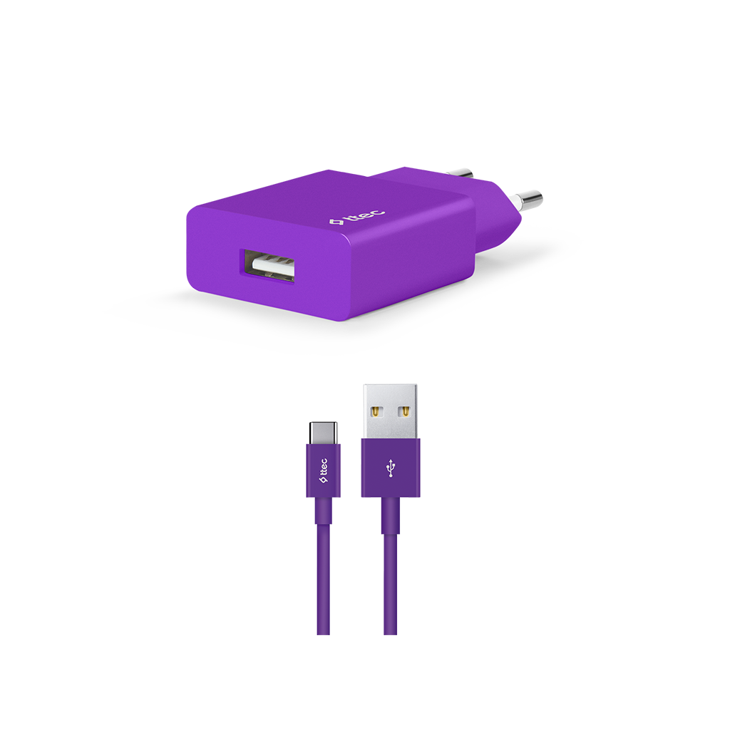 2SCS20C ttec SmartCharger 2.1A Seyahat Şarj Aleti + Type-C Kablo Mor