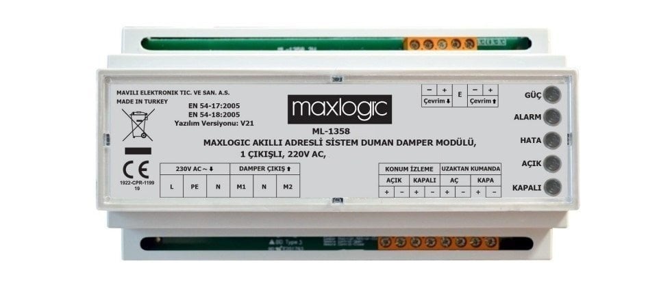Mavili ML-1358 Maxlogic Akıllı Adresli Sistem Duman Damper Modülü, 1 Çıkışlı, 220V AC