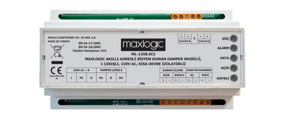 Mavili ML-1358.SCI Maxlogic Akıllı Adresli Sistem Duman Damper Modülü, 1 Çıkışlı, 220V AC, Kısa Devre İzolatörlü