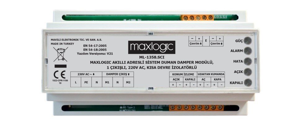 Mavili ML-1358.SCI/M  Maxlogic Akıllı Adresli Sistem Duman Damper Modülü, 1 Çıkışlı, 220V AC, Kısa Devre İzolatörlü, Marin